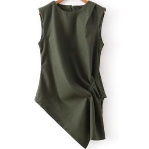 Green Round Neck Sleeveless Asymmetrical Blouse